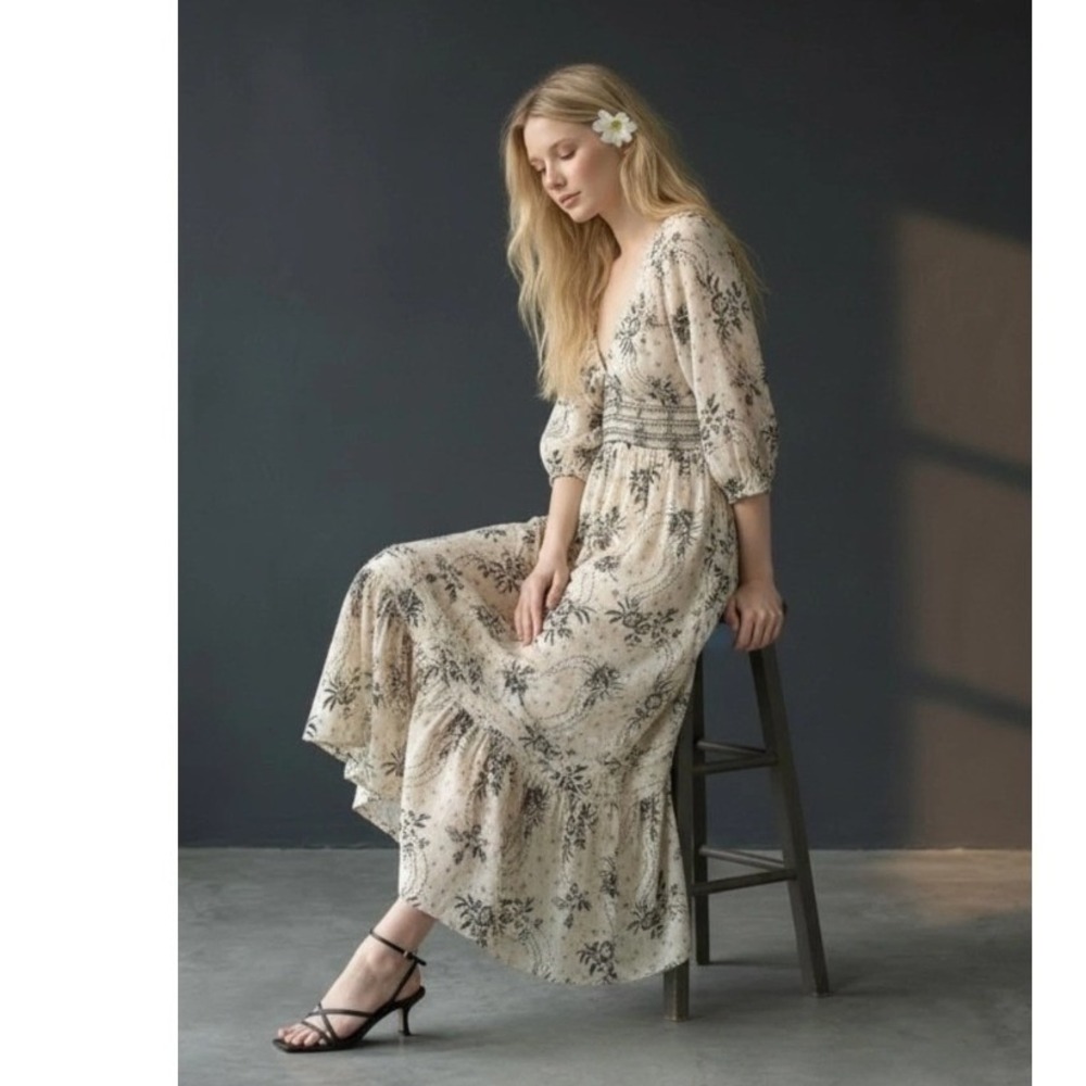 Free People Golden Hour Floral Boho Maxi Dress Ivory Black XL - Picture 2 of 12